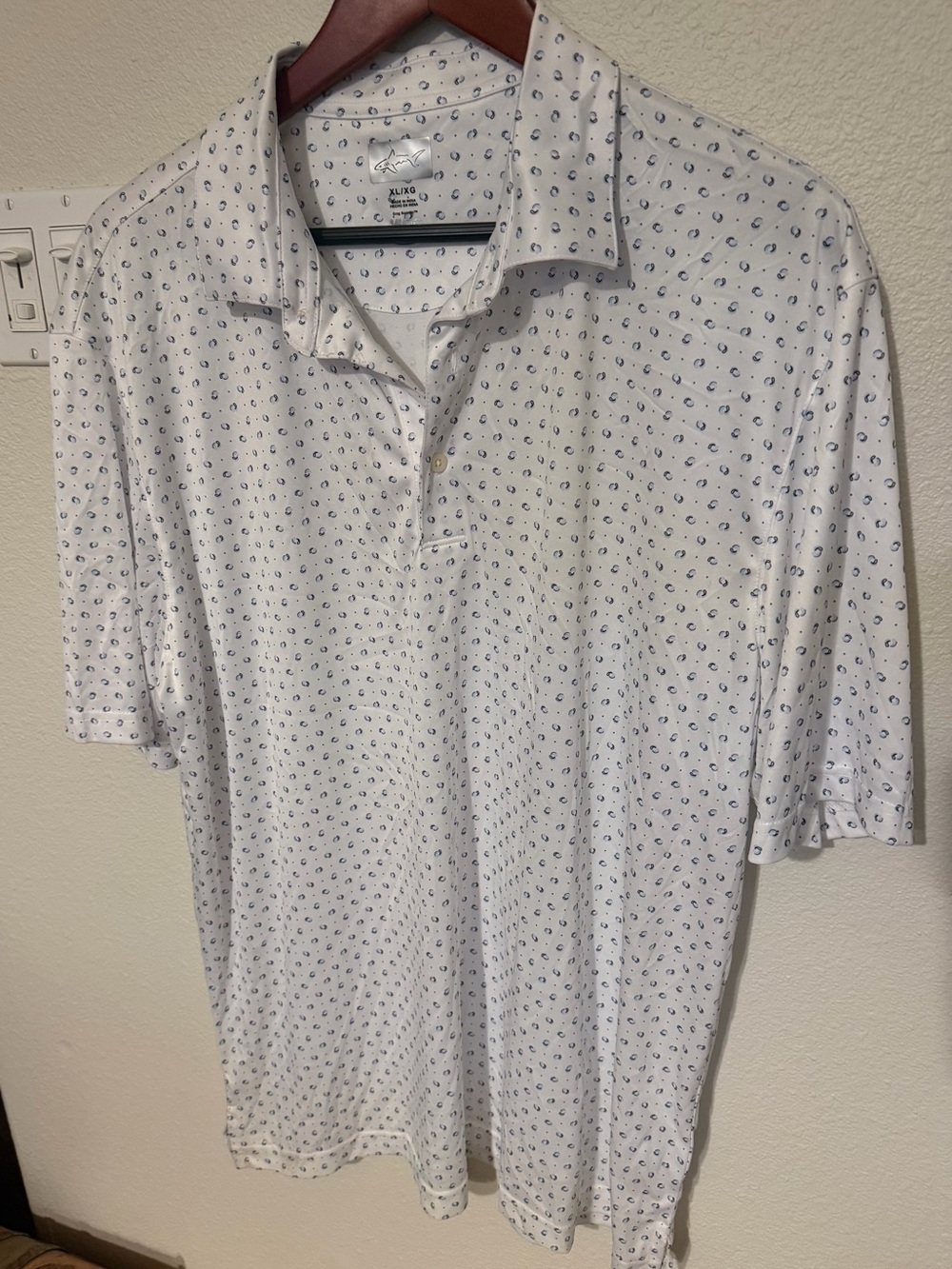 Greg Norman Collection White Polo with Navy Micro Paisley